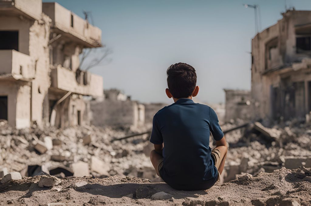 Rear view of a boy sitting on the ruins of a building
